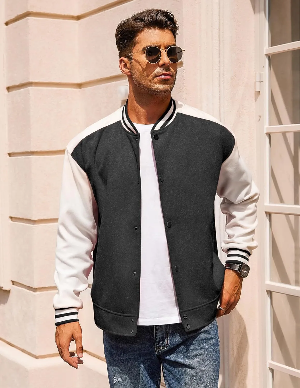 COOFANDY Men's Varsity Jacket Wool Blend Letterman Bomber Jacket Baseball Lightweight Jacket