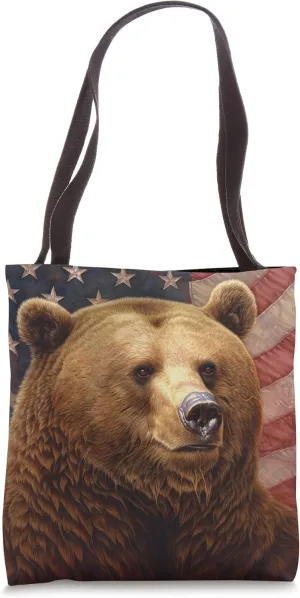 Cool Funny American Grizzly Bear Patriotic USA Flag Portrait Tote Bag