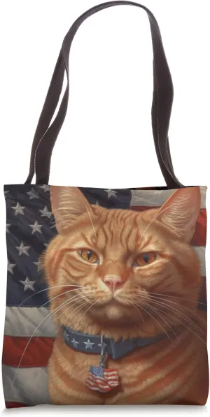 Cool Funny Ginger Cat Patriotic USA Flag Portrait Tote Bag