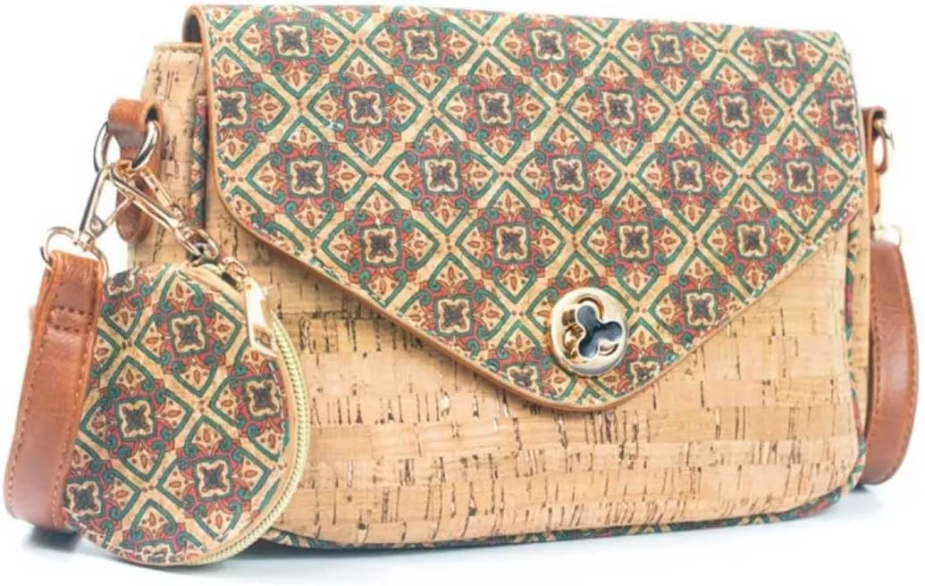 Cork Crossbody Bag with Coin Purse, Portuguese Tiles Pattern, 10L x 7H x 3D inches