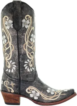 Corral Boots Womens Embroidered Snip Toe Casual Boots Knee High Mid Heel 2-3" - Black
