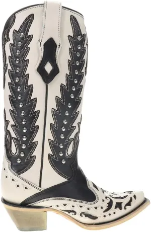 Corral Boots Womens Embroidered Studded Snip Toe Casual Boots Mid Calf Mid Heel 2-3" - Black, White
