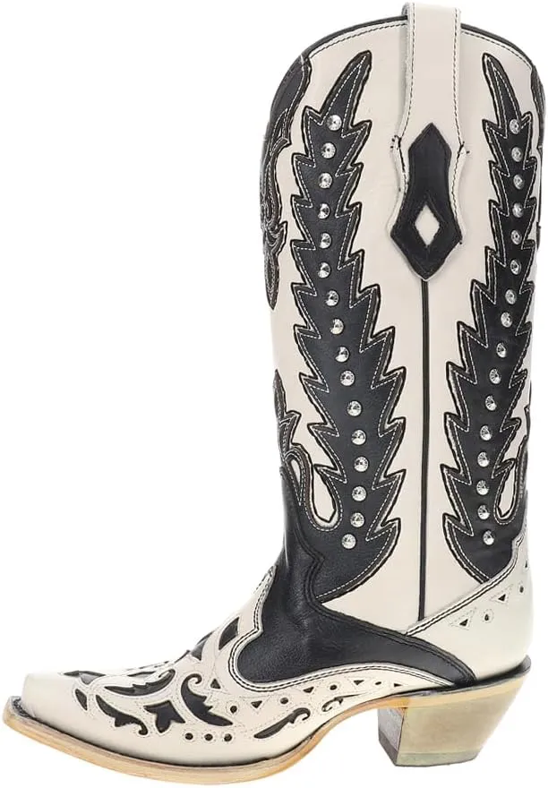 Corral Boots Womens Embroidered Studded Snip Toe Casual Boots Mid Calf Mid Heel 2-3" - Black, White
