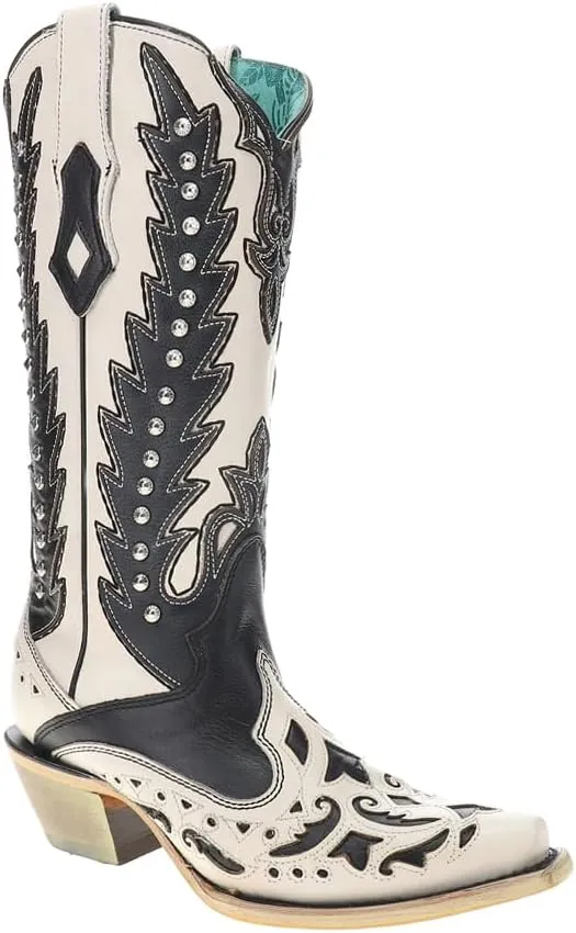 Corral Boots Womens Embroidered Studded Snip Toe Casual Boots Mid Calf Mid Heel 2-3" - Black, White