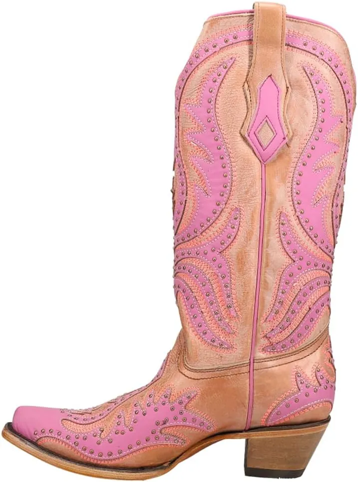 Corral Boots Womens Glow In The Dark Embroidered Snip Toe Casual Boots Mid Calf Mid Heel 2-3" - Pink