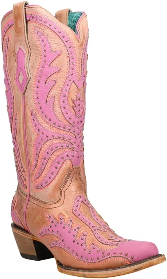 Corral Boots Womens Glow In The Dark Embroidered Snip Toe Casual Boots Mid Calf Mid Heel 2-3" - Pink