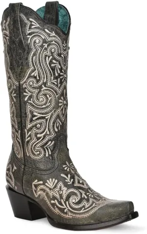 CORRAL LADIE'S BLACK EMBROIDERY & CRYSTALS, LEATHER SOLE, COWHIDE LEATHER, WESTERN, Z5124