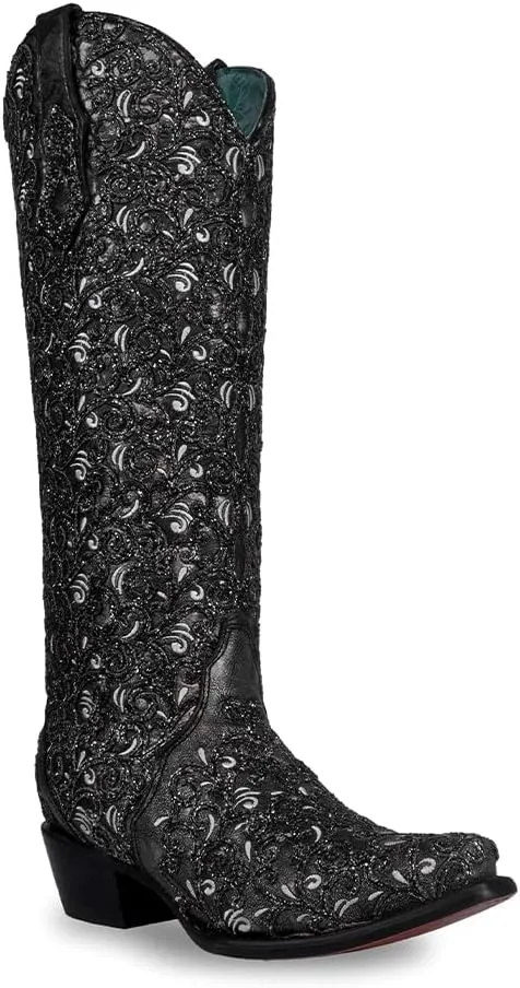 CORRAL LADIE'S BLACK GLITTER OVERLAY & EMBROIDERY TRIAD TALL TOP, CORRAL LARGE 52.0 X 32.0 X 11.5 SOLE,COWHIDE LEATHER, WESTERN BOOT, C4049