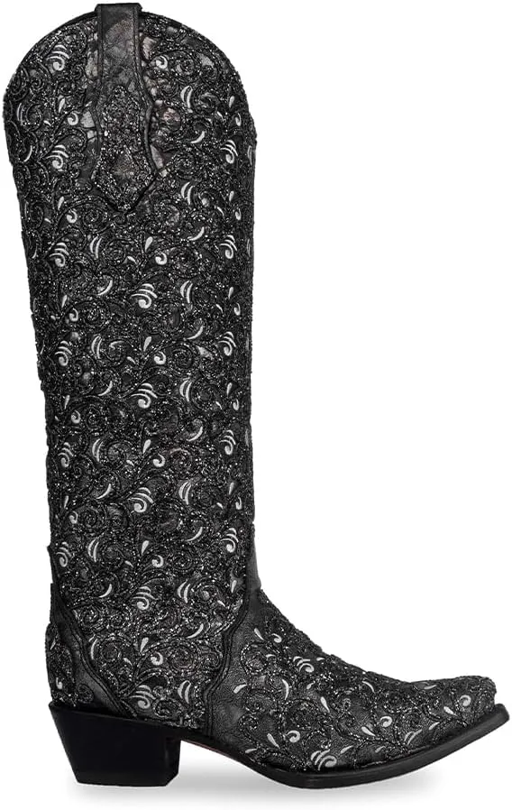 CORRAL LADIE'S BLACK GLITTER OVERLAY & EMBROIDERY TRIAD TALL TOP, CORRAL LARGE 52.0 X 32.0 X 11.5 SOLE,COWHIDE LEATHER, WESTERN BOOT, C4049