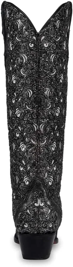 CORRAL LADIE'S BLACK GLITTER OVERLAY & EMBROIDERY TRIAD TALL TOP, CORRAL LARGE 52.0 X 32.0 X 11.5 SOLE,COWHIDE LEATHER, WESTERN BOOT, C4049