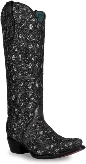 CORRAL LADIE'S BLACK GLITTER OVERLAY & EMBROIDERY TRIAD TALL TOP, CORRAL LARGE 52.0 X 32.0 X 11.5 SOLE,COWHIDE LEATHER, WESTERN BOOT, C4049