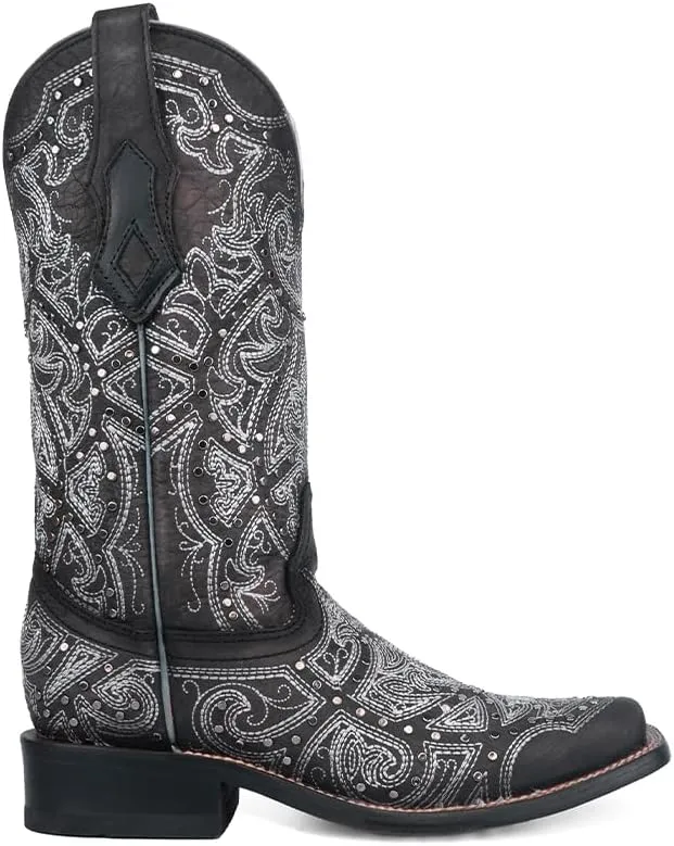 CORRAL LADIE'S BLACK/SILVER EMBROIDERY & STUDS SQ TOE, CORRAL 43.8 X 34.8 X 11.0 SOLE,COWHIDE LEATHER, WESTERN BOOT, C4044