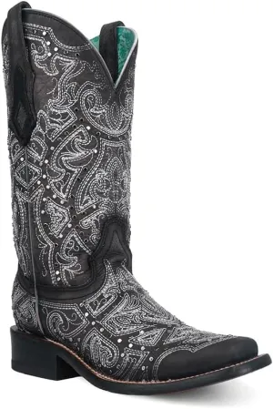 CORRAL LADIE'S BLACK/SILVER EMBROIDERY & STUDS SQ TOE, CORRAL 43.8 X 34.8 X 11.0 SOLE,COWHIDE LEATHER, WESTERN BOOT, C4044