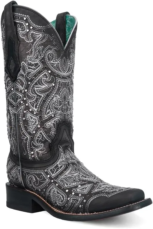 CORRAL LADIE'S BLACK/SILVER EMBROIDERY & STUDS SQ TOE, CORRAL 43.8 X 34.8 X 11.0 SOLE,COWHIDE LEATHER, WESTERN BOOT, C4044