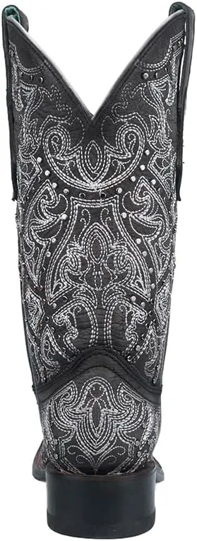 CORRAL LADIE'S BLACK/SILVER EMBROIDERY & STUDS SQ TOE, CORRAL 43.8 X 34.8 X 11.0 SOLE,COWHIDE LEATHER, WESTERN BOOT, C4044