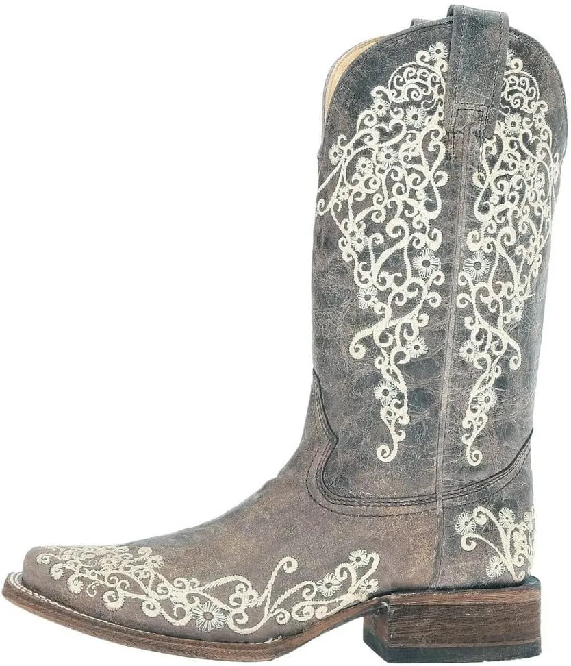 CORRAL LADIE'S BROWN CRATER BONE EMBROIDERY SQ. TOE, LEATHER WITH RUBBER INSERT SOLE, WESTERN A2663