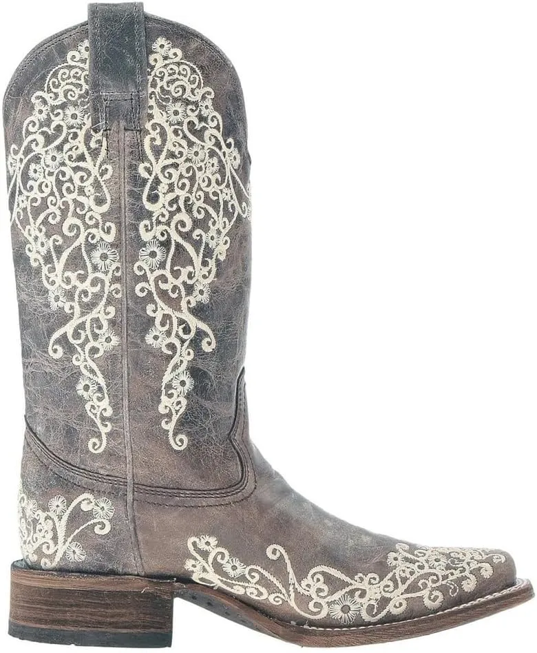 CORRAL LADIE'S BROWN CRATER BONE EMBROIDERY SQ. TOE, LEATHER WITH RUBBER INSERT SOLE, WESTERN A2663