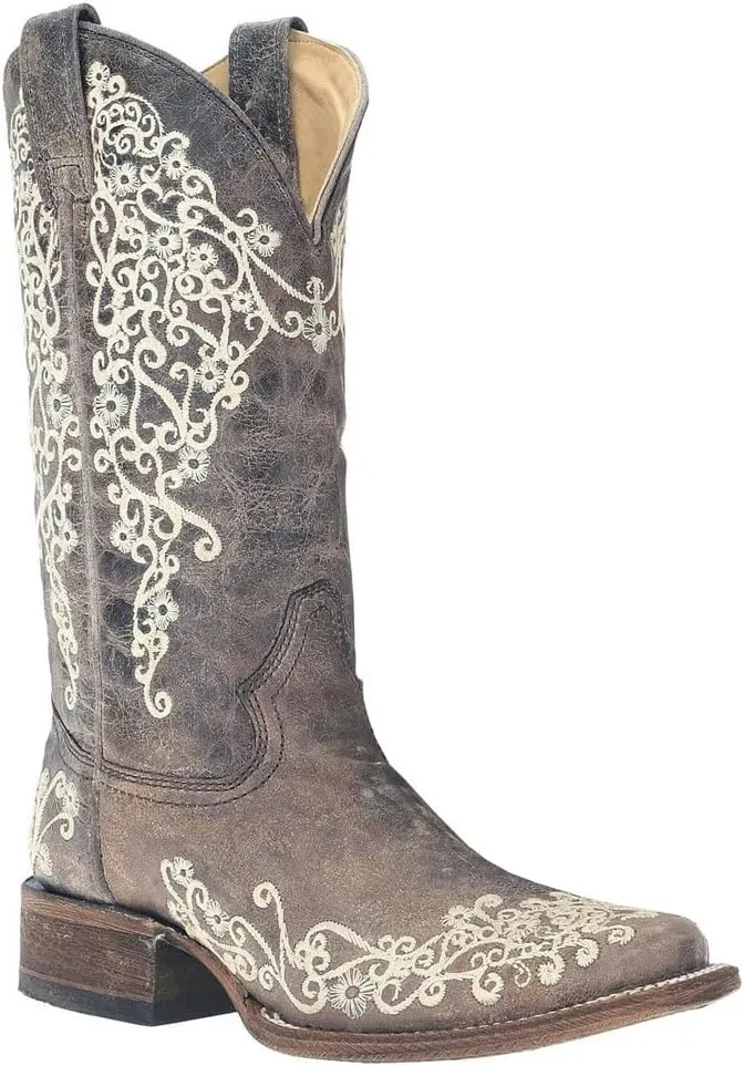 CORRAL LADIE'S BROWN CRATER BONE EMBROIDERY SQ. TOE, LEATHER WITH RUBBER INSERT SOLE, WESTERN A2663