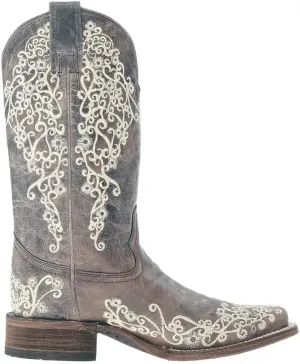 CORRAL LADIE'S BROWN CRATER BONE EMBROIDERY SQ. TOE, LEATHER WITH RUBBER INSERT SOLE, WESTERN A2663