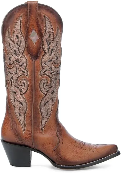 CORRAL LADIE'S COGNAC EMBROIDERY & OVERLAY POINTED TOE, LEATHER SOLE, LEATHER, WESTERN BOOT, Z5387