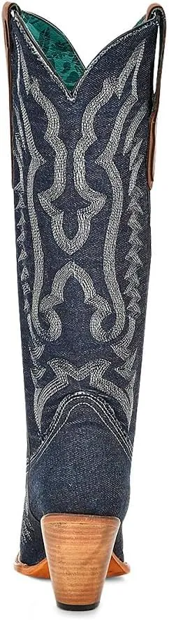 CORRAL LADIE'S DENIM-WHITE EMBROIDERY TALL TOP POINTED TOE, LEATHER SOLE, COWHIDE LEATHER, URBAN BOOTS, Z5226