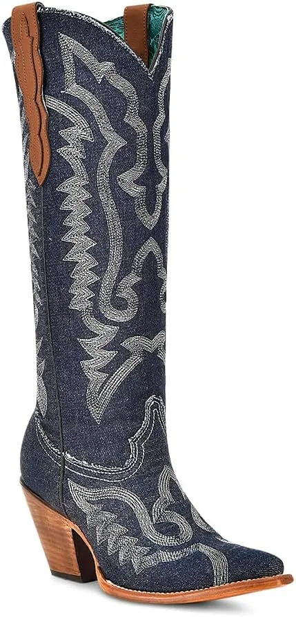 CORRAL LADIE'S DENIM-WHITE EMBROIDERY TALL TOP POINTED TOE, LEATHER SOLE, COWHIDE LEATHER, URBAN BOOTS, Z5226