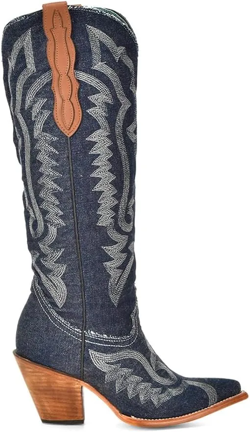 CORRAL LADIE'S DENIM-WHITE EMBROIDERY TALL TOP POINTED TOE, LEATHER SOLE, COWHIDE LEATHER, URBAN BOOTS, Z5226