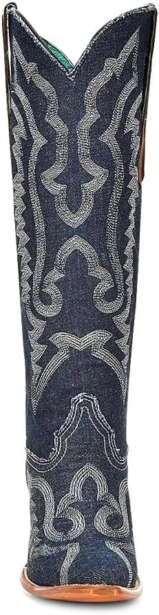 CORRAL LADIE'S DENIM-WHITE EMBROIDERY TALL TOP POINTED TOE, LEATHER SOLE, COWHIDE LEATHER, URBAN BOOTS, Z5226