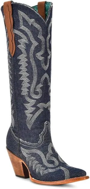 CORRAL LADIE'S DENIM-WHITE EMBROIDERY TALL TOP POINTED TOE, LEATHER SOLE, COWHIDE LEATHER, URBAN BOOTS, Z5226