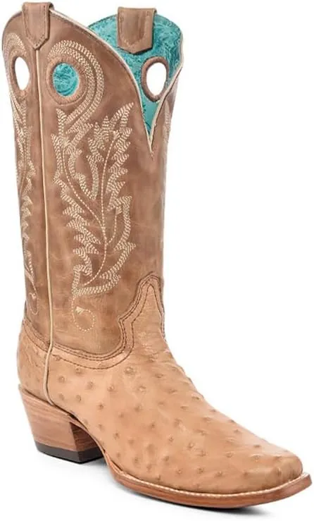 CORRAL LADIE'S HONEY OSTRICH EMBROIDERY & CUT OUT SQ. TOE, LEATHER SOLE, OSTRICH LEATHER, WESTERN BOOT, A4561