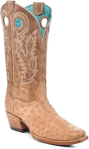 CORRAL LADIE'S HONEY OSTRICH EMBROIDERY & CUT OUT SQ. TOE, LEATHER SOLE, OSTRICH LEATHER, WESTERN BOOT, A4561