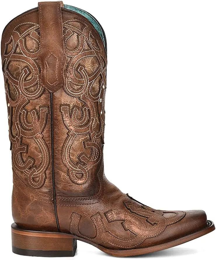 Corral Ladies Ld Brown Horseshoe Overlay & Embroidery & Crystals Sq. Toe, Square Toe, Leather Sole, 11" Shaft, Cowhide Leather, Western Boot, Brown Z5136 Size