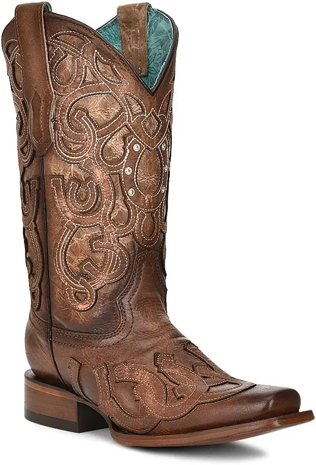 Corral Ladies Ld Brown Horseshoe Overlay & Embroidery & Crystals Sq. Toe, Square Toe, Leather Sole, 11" Shaft, Cowhide Leather, Western Boot, Brown Z5136 Size