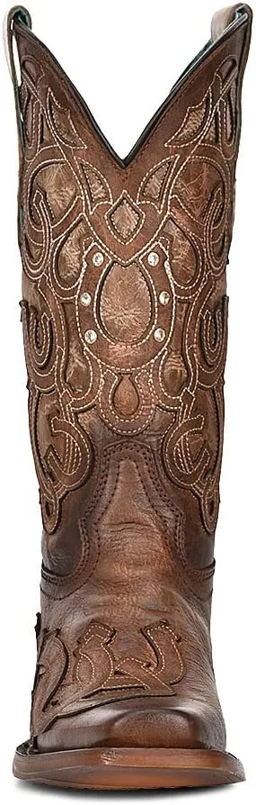 Corral Ladies Ld Brown Horseshoe Overlay & Embroidery & Crystals Sq. Toe, Square Toe, Leather Sole, 11" Shaft, Cowhide Leather, Western Boot, Brown Z5136 Size