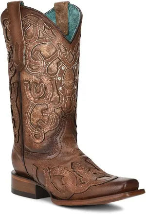 Corral Ladies Ld Brown Horseshoe Overlay & Embroidery & Crystals Sq. Toe, Square Toe, Leather Sole, 11" Shaft, Cowhide Leather, Western Boot, Brown Z5136 Size