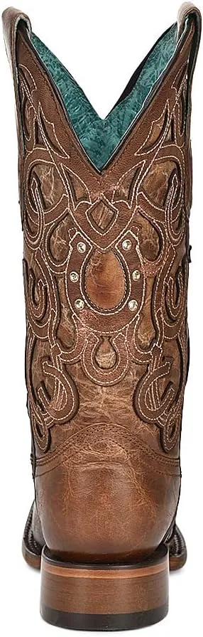 Corral Ladies Ld Brown Horseshoe Overlay & Embroidery & Crystals Sq. Toe, Square Toe, Leather Sole, 11" Shaft, Cowhide Leather, Western Boot, Brown Z5136 Size