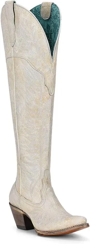 CORRAL LADIE'S LD DISTRESSED WHITE EMBROIDERY & ZIPPER J TOE TALL TOP, LEATHER Sole, COWHIDE Leather, URBAN Boot, WHITE A4311