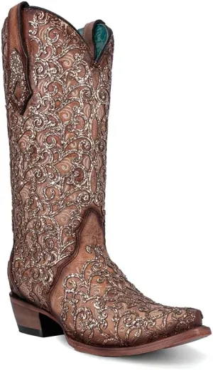 CORRAL LADIE'S SADDLE GLITTER OVERLAY & EMBROIDERY TRIAD, CORRAL 43.8 X 34.8 X 11.0 SOLE,COWHIDE LEATHER, WESTERN BOOT, C4051