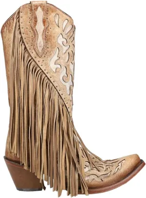 CORRAL LADIE'S SADDLE LAMB INLAY & EMBROIDERY & STUDS & FRINGES, SNIP TOE, LEATHER SOLE, WESTERN, C3766