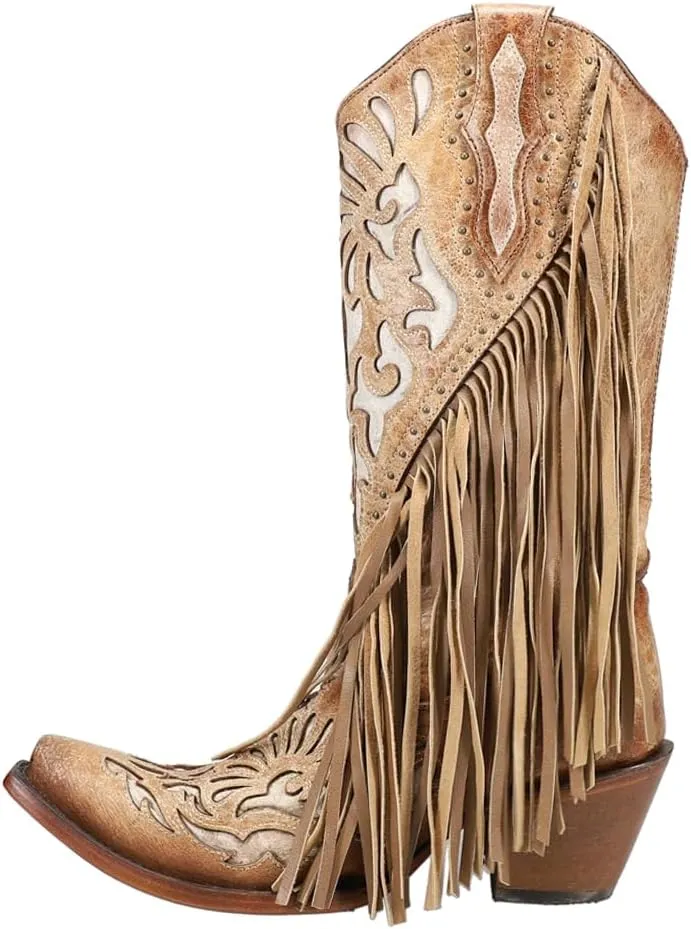 CORRAL LADIE'S SADDLE LAMB INLAY & EMBROIDERY & STUDS & FRINGES, SNIP TOE, LEATHER SOLE, WESTERN, C3766