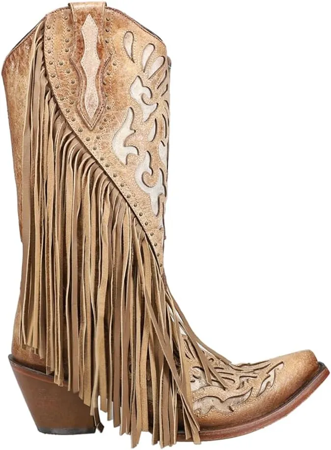 CORRAL LADIE'S SADDLE LAMB INLAY & EMBROIDERY & STUDS & FRINGES, SNIP TOE, LEATHER SOLE, WESTERN, C3766
