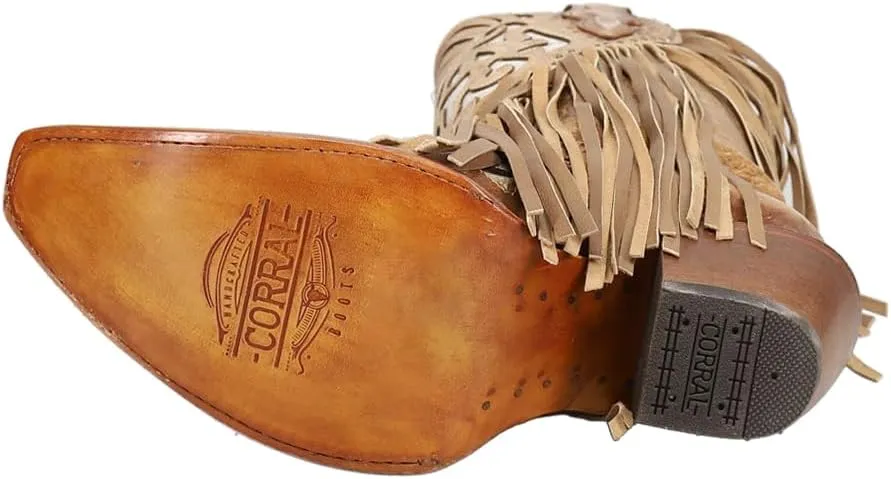 CORRAL LADIE'S SADDLE LAMB INLAY & EMBROIDERY & STUDS & FRINGES, SNIP TOE, LEATHER SOLE, WESTERN, C3766