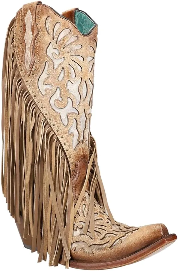 CORRAL LADIE'S SADDLE LAMB INLAY & EMBROIDERY & STUDS & FRINGES, SNIP TOE, LEATHER SOLE, WESTERN, C3766