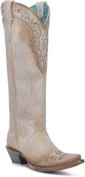 CORRAL LADIE'S SAND FEATHERS EMBROIDERY & CRACKLED OVERLAY & STUDS TALL TOP, LEATHER SOLE, COWHIDE LEATHER, WESTERN BOOT, A4768