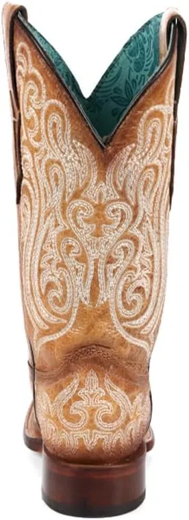 CORRAL LADIE'S STRAW-BLUE LUMINESCENT EMBROIDERY SQ. TOE, LEATHER SOLE, COWHIDE LEATHER, WESTERN BOOT, A4580
