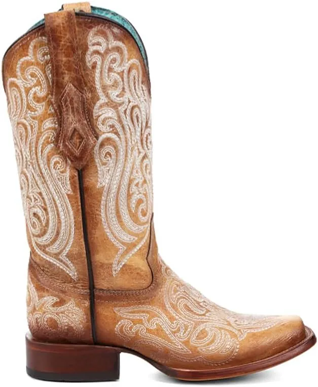 CORRAL LADIE'S STRAW-BLUE LUMINESCENT EMBROIDERY SQ. TOE, LEATHER SOLE, COWHIDE LEATHER, WESTERN BOOT, A4580