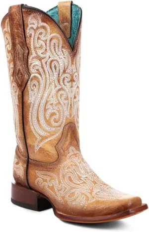 CORRAL LADIE'S STRAW-BLUE LUMINESCENT EMBROIDERY SQ. TOE, LEATHER SOLE, COWHIDE LEATHER, WESTERN BOOT, A4580