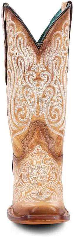CORRAL LADIE'S STRAW-BLUE LUMINESCENT EMBROIDERY SQ. TOE, LEATHER SOLE, COWHIDE LEATHER, WESTERN BOOT, A4580
