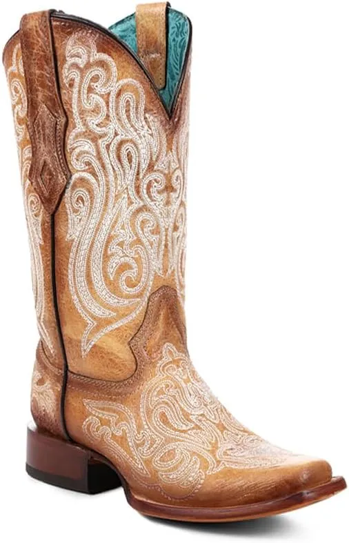 CORRAL LADIE'S STRAW-BLUE LUMINESCENT EMBROIDERY SQ. TOE, LEATHER SOLE, COWHIDE LEATHER, WESTERN BOOT, A4580