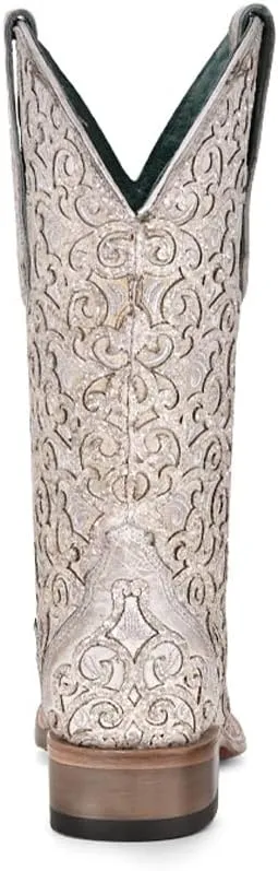 CORRAL LADIE'S WHITE GLITTER OVERLAY & EMBROIDERY SQ. TOE, LEATHER SOLE, COWHIDE LEATHER, WESTERN BOOT, C4059